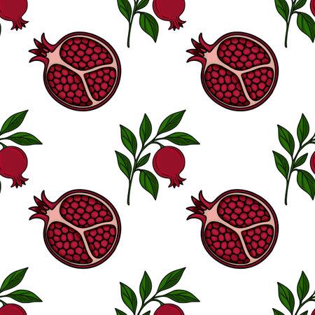 Seamless vector pattern of juicy pomegranate slices and branches with leaves, perfect for Rosh Hashanah or autumn designs.のイラスト素材