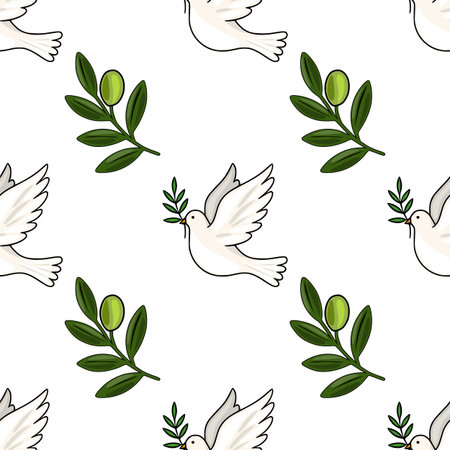 Seamless vector pattern featuring white doves carrying olive branches, symbolizing peace and hope, rendered in a minimalistic cartoon style against a white background.のイラスト素材