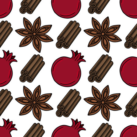 Seamless vector pattern with hand-drawn illustrations of pomegranates, cinnamon sticks, and star anise, creating a festive and aromatic design perfect for Rosh Hashanah or winter holiday themes.のイラスト素材