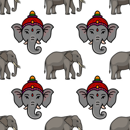 Seamless vector pattern featuring charming elephant heads adorned with vibrant headdresses and full-body elephant illustrations, creating a playful and festive design ideal for various applications.のイラスト素材