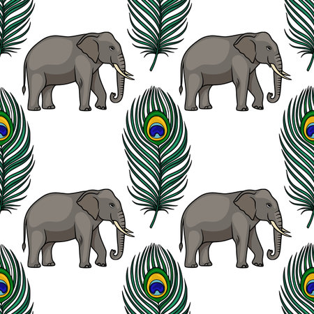 Seamless vector pattern featuring stylized grey elephants and vibrant peacock feathers, creating a unique exotic and tropical design ideal for textile prints or wallpaper.のイラスト素材