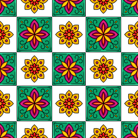 Vibrant vector seamless pattern featuring a cheerful mix of teal square floral motifs and round flower elements, creating a lively and festive design ideal for textile prints, wallpapers, and packa...のイラスト素材