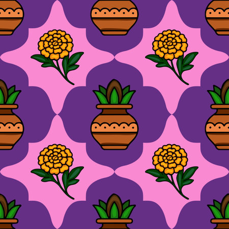 Seamless vector pattern featuring stylized marigold flowers and terracotta pots, arranged against a vibrant purple and pink background with a unique arch-shaped design element.のイラスト素材