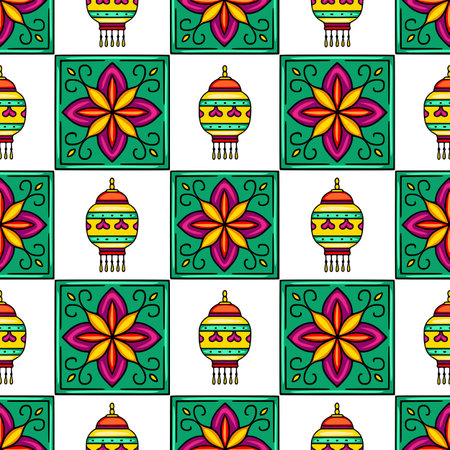 Seamless vector pattern with vibrant red lanterns and floral tile designs, featuring a cheerful color palette of yellow, red, purple, and teal green on a white background.のイラスト素材