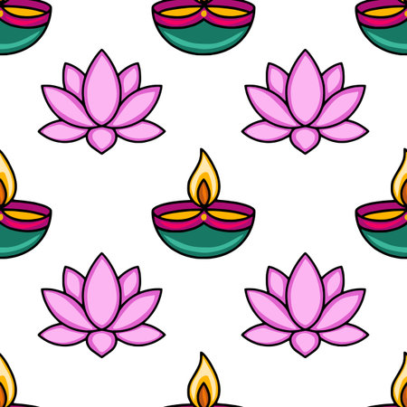 Seamless vector pattern featuring vibrant pink lotus flowers and teal diya lamps with flickering flames, creating a festive and celebratory design ideal for Diwali or yoga-themed projects.のイラスト素材
