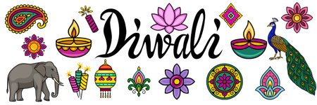 Vibrant vector illustration of Diwali festive elements elephant, peacock, diyas, fireworks, flowers, and paisley patterns, perfect for invitations, cards, or decorative prints.のイラスト素材