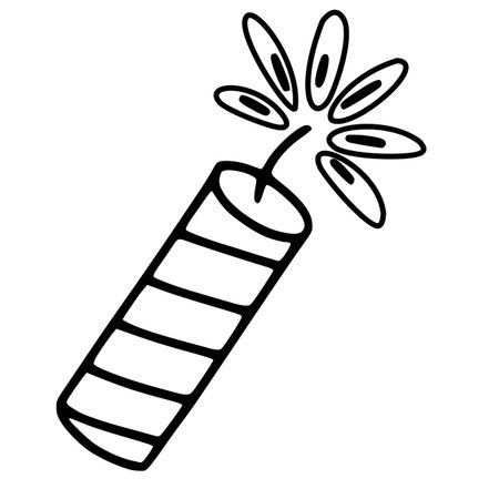 A vector illustration of a handdrawn firework, featuring a striped cylindrical body and a stylized burst of sparks, perfect for festive designs.のイラスト素材