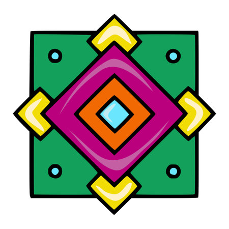 Vibrant vector square pattern with nested geometric shapes in bold colors emerald green, magenta, orange, and light yellow, creating a dynamic and playful composition.のイラスト素材