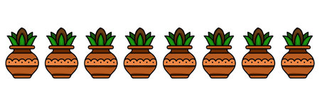 Seamless vector border of stylized terracotta pots with green plants, featuring a repeating decorative border, ideal for textile design or surface decoration.のイラスト素材