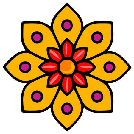 Vibrant vector illustration of a stylized flower with bold colors and concentric circles, perfect for textile prints or festive designs.のイラスト素材