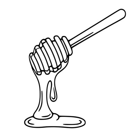 A vector illustration of a honey dipper with dripping honey, showing a simple line art style with a focus on the smooth curves and texture of the honey flow.のイラスト素材