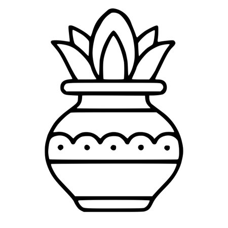 Elegant vector illustration of a stylized Kalash, a traditional Indian pot with a floral top, perfect for Diwali or other festive designs.のイラスト素材