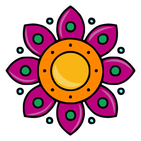 Vibrant vector illustration of a stylized floral mandala with bold outlines, featuring a central yellow sunlike element surrounded by magenta petals and teal accents, perfect for festive designs.のイラスト素材