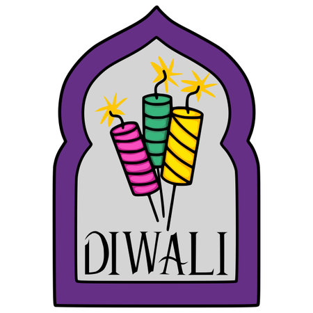 Festive Diwali Vector Illustration Three Colorful Firecrackers within an Elegant Purple Arch, Perfect for Holiday Designs.のイラスト素材