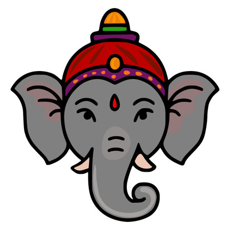 Vector illustration of Ganeshas head, a Hindu deity, adorned with a vibrant red and purple headdress, featuring a stylized design with bold outlines and flat colors, perfect for festive or religious...のイラスト素材