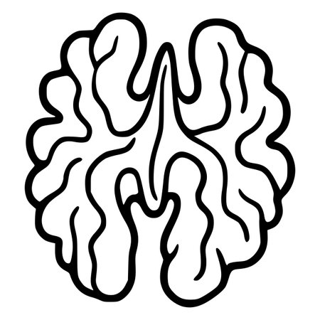 Abstract vector illustration of a walnut half, featuring a bold black line art style with organic, wavy contours, ideal for design elements or decorative purposes.のイラスト素材