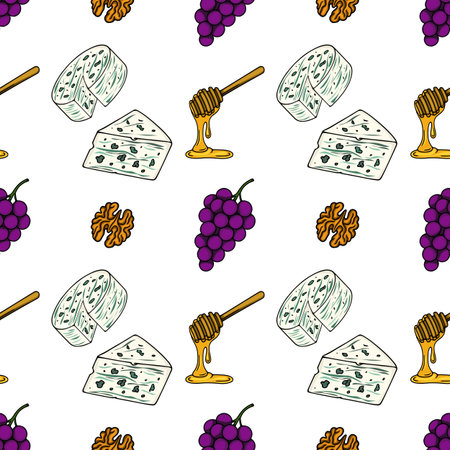 Seamless vector pattern of blue cheese, honey, walnuts, and grapes, a delightful illustration for food and drink designs.のイラスト素材