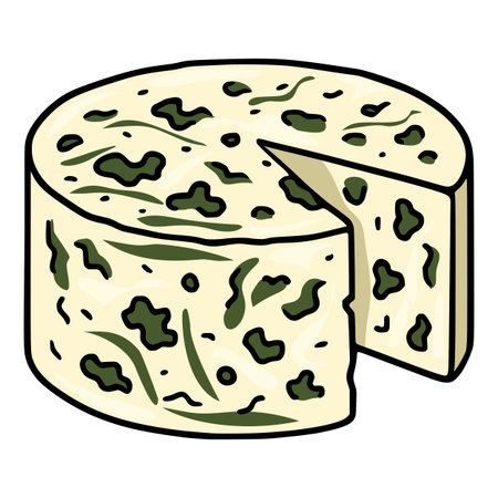 A vector illustration of a Roquefort cheese wheel with dark green mold, a slice removed, showing a hand-drawn style with bold outlines and organic texture.のイラスト素材