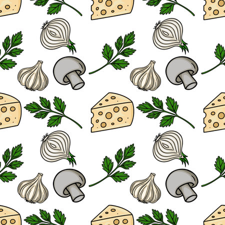 Seamless vector pattern featuring hand-drawn illustrations of cheese, onions, garlic, mushrooms, and parsley sprigs, creating a vibrant and appetizing culinary design.のイラスト素材