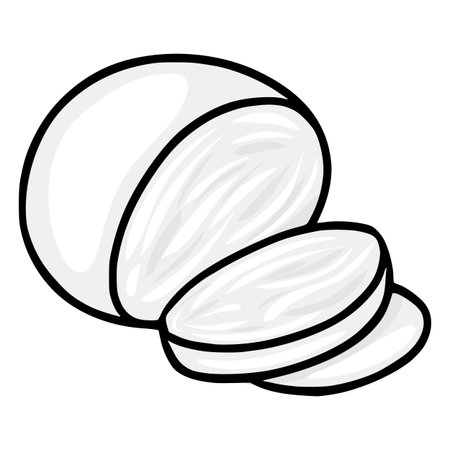 A vector illustration of a whole round Mozzarella cheese and three slices, showcasing a simplistic monochrome style with bold black outlines and light gray shading, ideal for packagingのイラスト素材