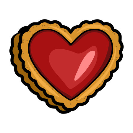 A vector illustration of a charming heart-shaped cookie with a red filling, featuring a hand-drawn style with textured edges and subtle shading for a delightful bakery element.のイラスト素材