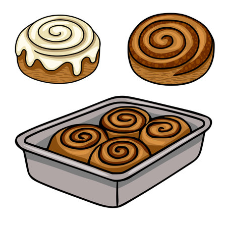 A vector illustration showcasing delicious cinnamon rolls, both individually and in a baking pan, featuring detailed swirls and rich brown and cream colors, perfect for bakery menus or sweet treat...のイラスト素材