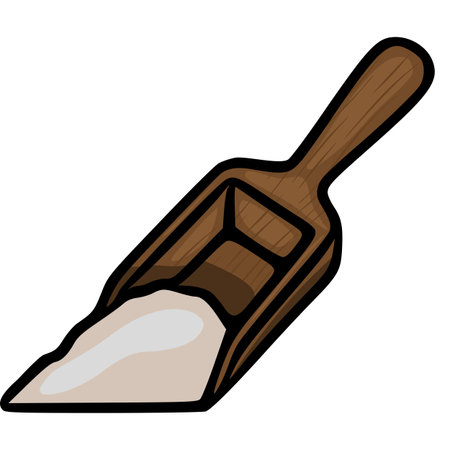 A vector illustration of a wooden scoop overflowing with light beige flour, showcasing a rustic, hand-drawn style with bold black outlines and subtle wood grain texture.のイラスト素材