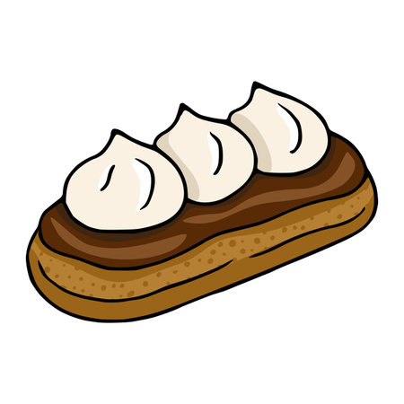 Delicious vector illustration of a single eclair pastry with three swirls of cream, showcasing a...