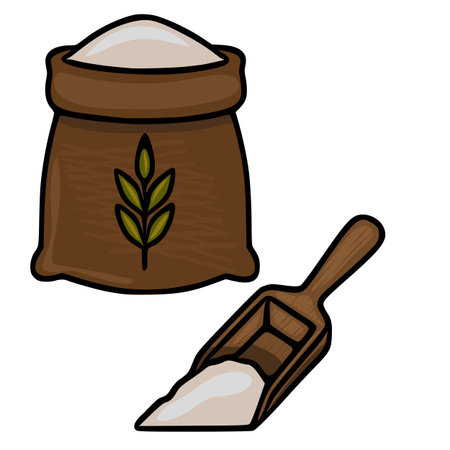 A charming vector illustration of a brown burlap sack filled with flour, accompanied by a wooden scoop, showcasing a rustic and simplistic style.のイラスト素材