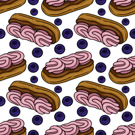 Seamless vector pattern of delicious eclairs with pink cream and blueberries, a delightful...