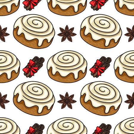 Seamless vector pattern of delicious cinnamon rolls, star anise, and cinnamon sticks tied with red bows, creating a festive and appetizing bakery design.のイラスト素材