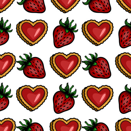 Seamless vector pattern featuring hand-drawn illustrations of heart-shaped strawberry jam cookies and ripe strawberries, creating a vibrant and sweet design perfect for Valentines Day or bakery br...のイラスト素材