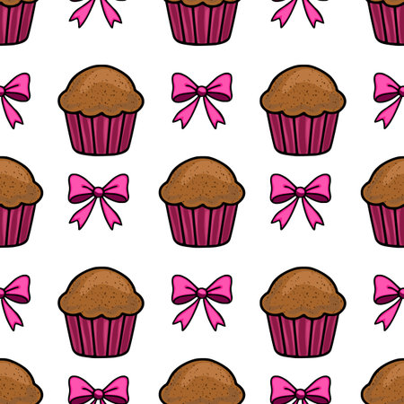 Seamless vector pattern featuring charming chocolate muffins and pink bows, creating a delightful and sweet confectionery design perfect for packaging or bakery branding.のイラスト素材