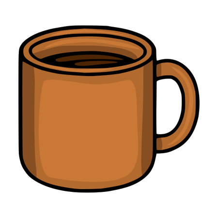 A vector illustration of a cartoon style brown mug filled with coffee, featuring a simple yet charming design ideal for coffee shop branding or cafe menus.のイラスト素材
