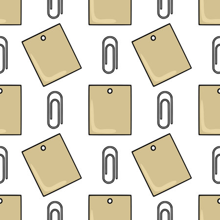 Seamless vector pattern featuring beige square tags with holes and metallic paperclips, creating a minimalist office supply design.のイラスト素材