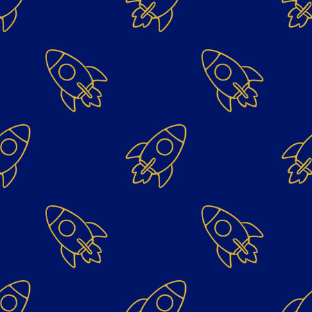 Seamless vector pattern featuring minimalistic golden rockets on a deep blue background, ideal for textile prints, wrapping paper, or web design projects.のイラスト素材