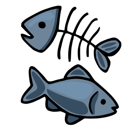A vector illustration featuring a stylized whole fish and its skeleton, rendered in cool-toned blues with bold black outlines, creating a striking contrast against a white background.のイラスト素材