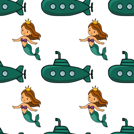 Seamless vector pattern featuring charming mermaids with golden crowns and teal submarines, creating a playful underwater scene ideal for children's products.のイラスト素材