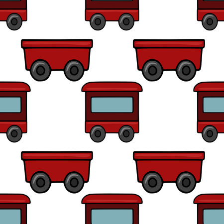 Seamless vector pattern featuring a charming Christmas train design with red carriages and dark grey wheels, perfect for festive wrapping paper or holiday cards.のイラスト素材