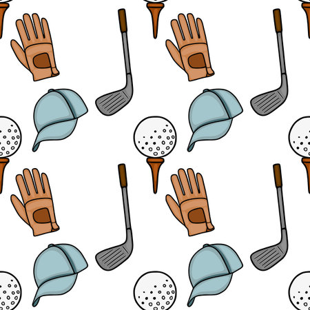 Seamless vector pattern featuring hand-drawn golf equipment: golf club, ball on tee, glove, and cap, in a light color palette, perfect for sports-themed designs.のイラスト素材
