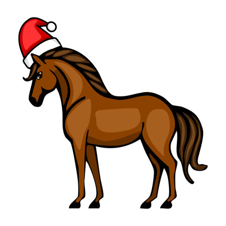Festive vector illustration of a brown horse wearing a Santa hat, showcasing a charming and whimsical Christmas design perfect for holiday greetings or festive decorations.のイラスト素材