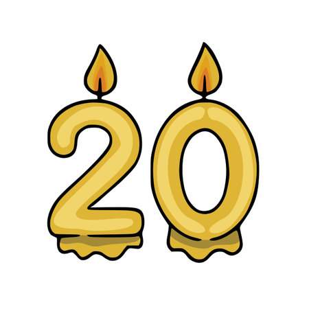 Festive vector illustration of golden number twenty birthday candles with melting wax and flames, perfect for celebratory designs.のイラスト素材