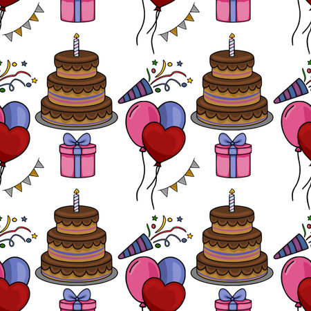 Seamless vector pattern featuring a cheerful birthday celebration with chocolate cakes, heart-shaped balloons, party hats, gifts, and festive confetti.のイラスト素材