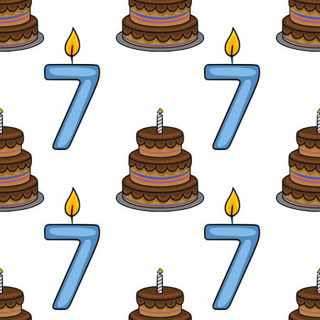 Seamless vector pattern featuring a playful illustration of a two-tiered chocolate birthday cake with a lit candle and a number seven candle, creating a cheerful and festive design ideal for invita...のイラスト素材