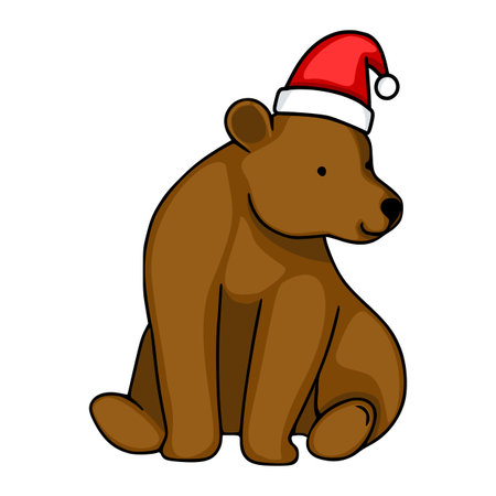 Adorable brown bear wearing a Santa hat, depicted as a charming vector illustration for holiday-themed projects.のイラスト素材
