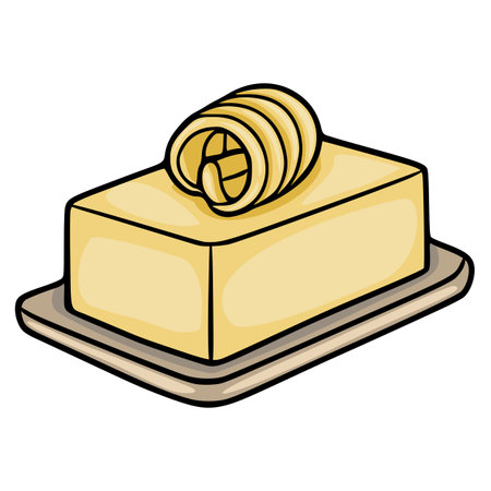 A stylized vector illustration of a golden butter block with a curled slice on a wooden butter dish, isolated on a white background.のイラスト素材