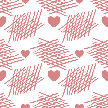 Seamless vector pattern of hand-drawn pink hearts and scribbled crosshatch lines on a white background, evoking a playful and romantic mood.のイラスト素材
