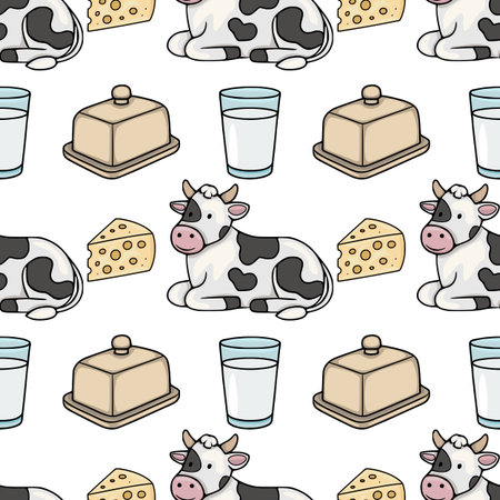 Seamless vector pattern featuring cute cartoon cows, wedges of cheese, glasses of milk, and butter dishes, perfect for dairy-themed designs.のイラスト素材