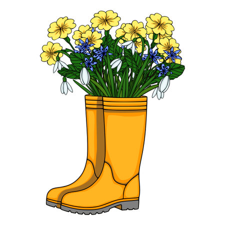 Cheerful yellow primroses and delicate blue scilla flowers bloom from bright orange rubber boots, a whimsical vector illustration celebrating springtime growth.のイラスト素材