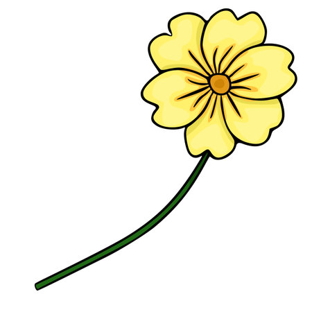 A charming vector illustration of a single yellow primrose flower with a gracefully curved green stem, isolated on a white background, evoking spring and natural beauty.のイラスト素材